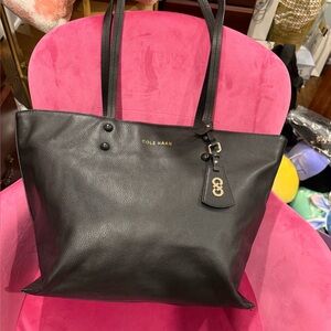 Cole Haan Black Leather Tote with Gold Accents